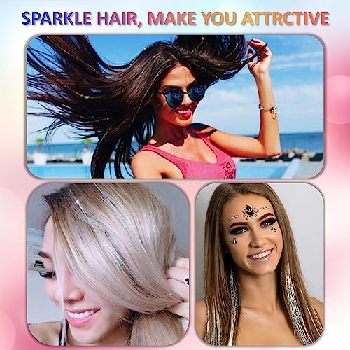 Silver Hair Tinsel Kit 48 Inches 1200 Strands with Tools and Instruction Easy to Install Fairy Glitter Tinsel Hair Extensions for Women and Girls，Shinny Sparkling Braiding Hair Accessories for Halloween Cosplay Party