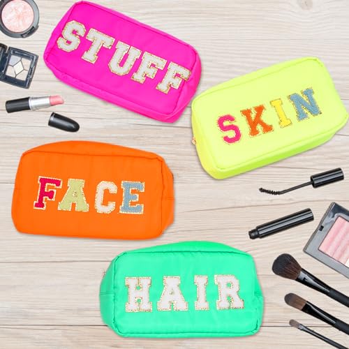 Whaline 4Pcs Preppy Nylon Cosmetic Bag Chenille Letter Makeup Organizer Bag Set Patches Toiletry Cosmetic Case Waterproof Zipper Cosmetic Pouch for Women (Neon Color,Skin,Stuff,Hair,Face)