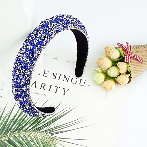 FASOTY Rhinestone Headband Women Fashion Handmade Navy Blue Headband Crystal Diamond Bling Headbands Hair Hoops Padded Headband Glitter Beaded Hairband Sparkle Hair Accessories (Blue+Silver)