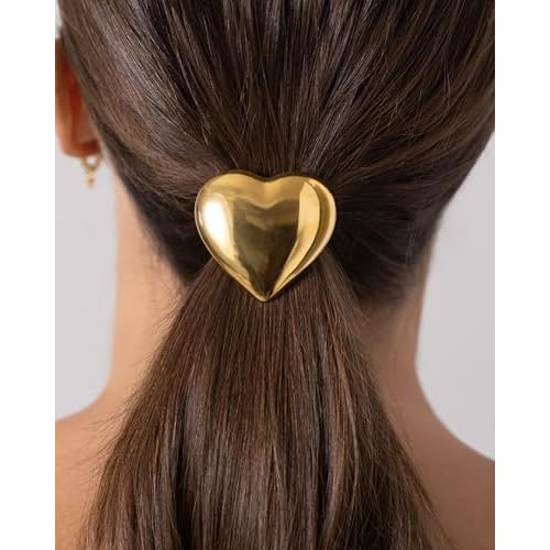 PAVOI 14K Yellow Gold Plated Waterproof Chunky Heart Metal Hair Cuff for Women - Stainless Steel Statement Ponytail Cuff Fashion Accessories - Valentines Day Stretchy Gold Hair Ties for Ponytails