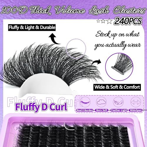 ONLY 16MM Lash Clusters 100D Individual Lashes 240Pcs Cluster Eyelash Extensions D Curly Single Length Lash Clusters Look Like Extensions DIY at Home