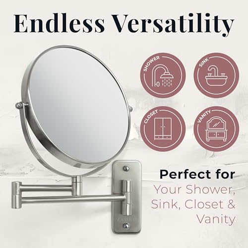 Zadro 7" Wall Mounted Wardrobe, Vanity Makeup Mirror with Magnification & Extending Arm (Large | 12.25" x 12" | 8X/1X, Satin Nickel)