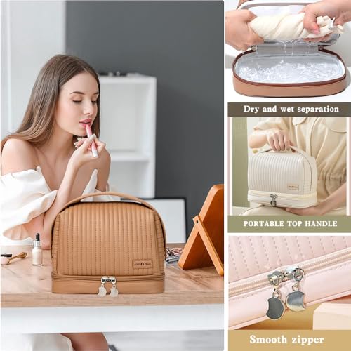 Women's Cute Cosmetic Bags Travel Toiletry Bag Waterproof Leather Cosmetic Bag Set with Handle Zipper Portable Makeup Bags Storage Bag On-the-Go Cosmetic Bag£¨Brown£©
