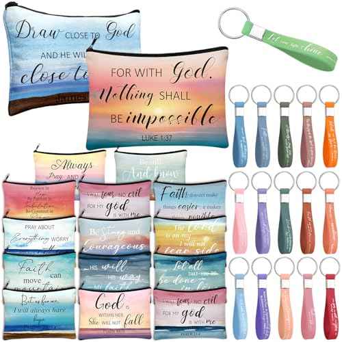 Hillban 32 Pcs Canvas Cosmetic Makeup Bag Women Christmas Inspirational Gifts Travel Toiletry Makeup Bag Pouch with Inspirational Keychains for Christmas Women Teacher Appreciation Gift(Landscape)