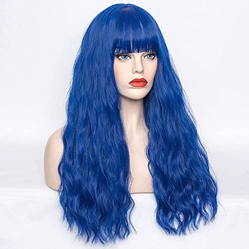 WGPFWIG Women's Blue Wig 22''Long Curly Wavy Wig Shoulder Length Flat Bangs Wig For Women Girl Cosplay Party Halloween Wig Cap Included (22''Blue)