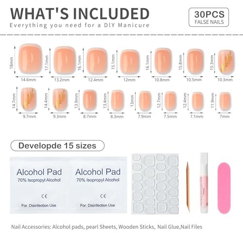 French Press On Nails Short Square Soft Pink White Tip Gold Leaf 30Pcs