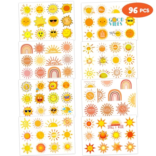 Sun Temporary Tattoos for Kids - 8 Sheets, 96 Pieces