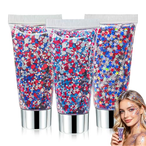 3-Pack Patriotic Body Glitter Stick, Red White Blue Self-Adhesive Makeup