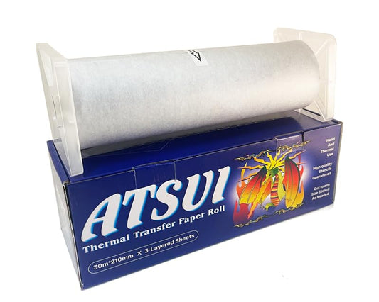 Atsui Tattoo Stencil Paper - Available in 20pcs Sheets, 100pcs Sheets, & 100 Feet Roll - Use by Hand or Stencil Machine - New and Improved Formula (A4 Roll)