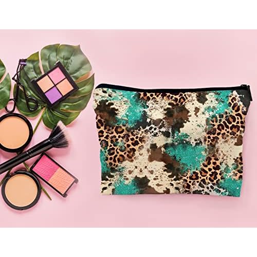 Western Cowhide Leopard Turquoise Glitter Pattern Fashion Makeup Bag Make up Cosmetic Bag Small Zipper Pouch,Gifts for Girls Women