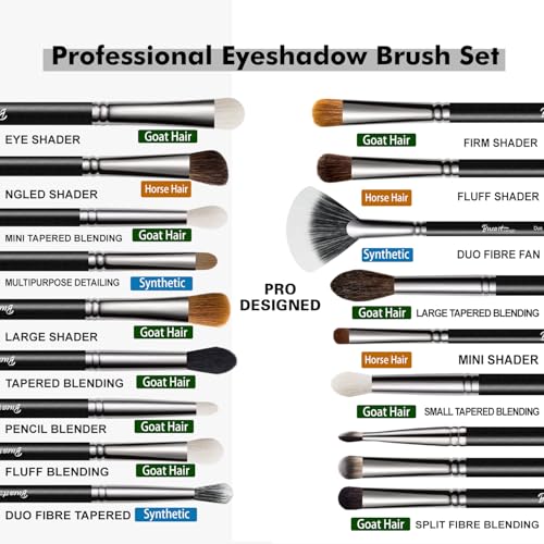 Bueart Design Professional grade 16Pcs Eye Makeup Brush Set with Natural Horse Goat hair,High Elastic Synthetic, Eyeshadow Brushes for Eyeliner,Blending,Eyebrow,Concealer