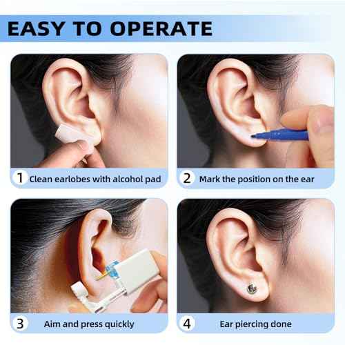 Get the Perfect Ear Piercing with 24 Pcs Premium Ear Piercing Kit - Includes 8 Black CZ Stones Earrings and 8 Easy-to-Use Self Ear Piercing Gun - Safe and Painless