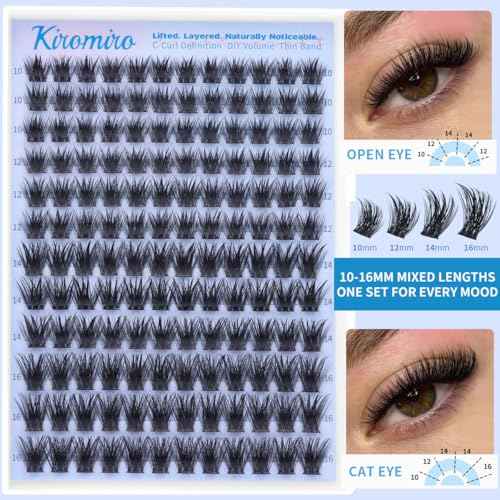 Kiromiro Lash Clusters 10-16mm Cluster Eyelash Extensions Wispy DIY Cluster Lashes Extension 144pcs Individual Lashes Nautral Eyelash Clusters C Curly Lashes Clusters