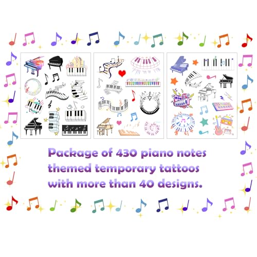 430 PCS Piano Notes Tattoos Temporary Stickers Piano Notes Theme Party Supplies Decorations Music Birthday Goodie Bag Stuffers Favors Prize(30 Sheets)