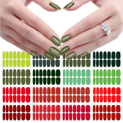 JERCLITY 224 Pieces 16 Sheets Christmas Nail Wraps for Short Nails Red Green Solid Color Nail Polish Strips Nail Decals Self-Adhesive Nail Stickers Full Nail Wraps for Women Girls Nail Art