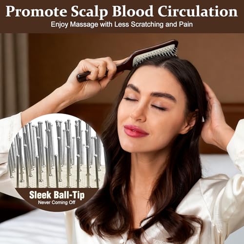 Wooden Scalp Massager Brush with Metal Bristles for Hair Growth