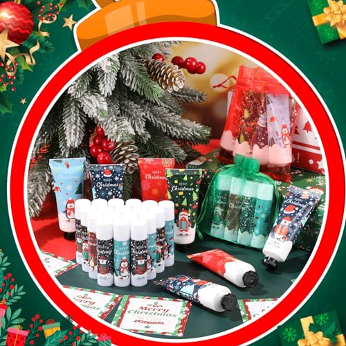 24 Set Christmas Hand Cream Gift Set, Including Moisturizing Hand Lotion, Xmas Lip Balm, Gauze Bags, Thank You Cards Natural Fragrant Bulk Christmas Gifts for Coworkers Employees Stuffers