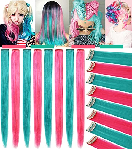 Rhyme Multi-color Hair Extensions for Girls Princess Party Highlight 21 inch Colored Hair Extensions Clip in/on for Girls and Kids Wig Pieces 8PCS (Teal Pink)