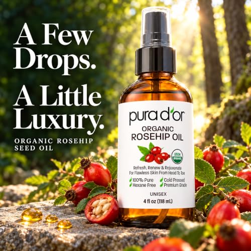 PURA D'OR USDA Organic Rosehip Seed Oil 4oz Cold-Pressed Face & Hair Treatment