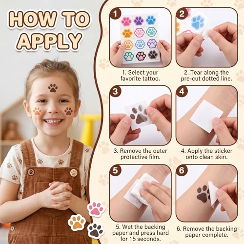96 Pcs Dog Cat Paw Print Temporary Tattoos for Kids