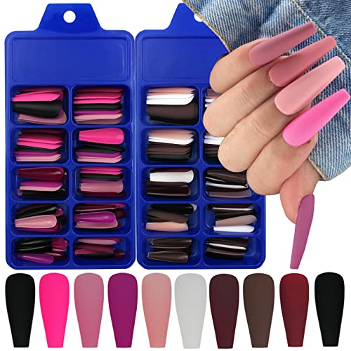 LoveOurHome 200pc Coffin Press on Nails long Gel Glossy Fake Nails Full Cover Colored Artificial Fingernail False Acrylic Tips 10 Colors for Women Girls Manicure Design