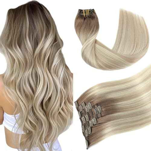 Youngsmile Clip in Hair Extensions Real Human Hair, Human Hair Extensions Clip in, Color 8 Ash Brown Fading to 60 Platinum Blond mixed 18 Ash Blond,20 Inch 120 Gram 7 Pcs (CLIP#8/60/18-20Inch)