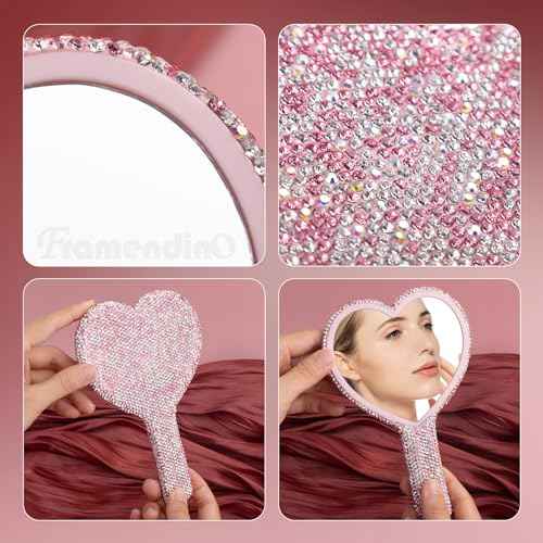 Framendino, 1 Pack Rhinestone Handheld Mirror Heart Bling Glitter Cosmetic Dazzling Portable Hand with Handle for Women (Pink)