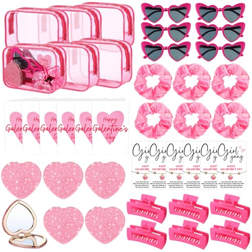 Zeyune 42 Pcs Galentine's Day Gifts Set Valentine's Pink Gift 6 Sets Include PVC Makeup Bags Glasses Mirror Hair Claw Clips Scrunchies Bracelets Greeting Cards for Women Friends Party Favors