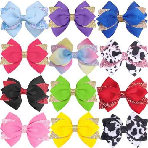 12Pcs 4" Hair Bows Clips Grosgrain Ribbon Alligator Clips Hair Bows Barrettes Hair Accessories for Girls Kids Teens Children Toddler Glitter Girls Hair Bows