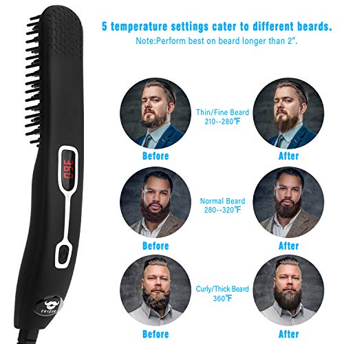 Beard Straightener Comb for Men - Upgraded Professional Electric Mens Beard Straightening Heated Brush Portable Anti-Scald 5 Adjustable Temperatures & LCD Display with Carrying Bag