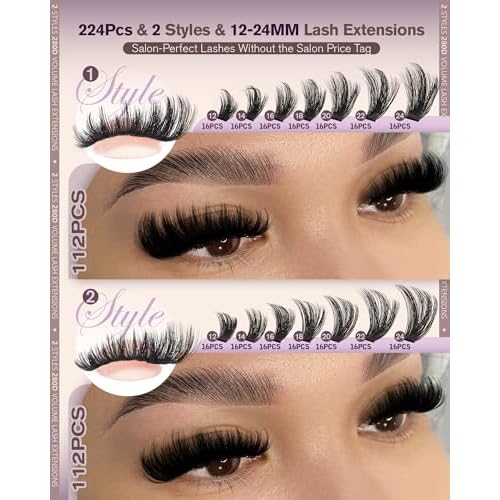 JIMIRE Lash Clusters 260D Manga+260D Volume Individual Lashes Clusters 12-24MM Long Eyelash Clusters Thick Mink Cluster Eyelash Extensions Fluffy Salon Like Cluster Lashes Pack