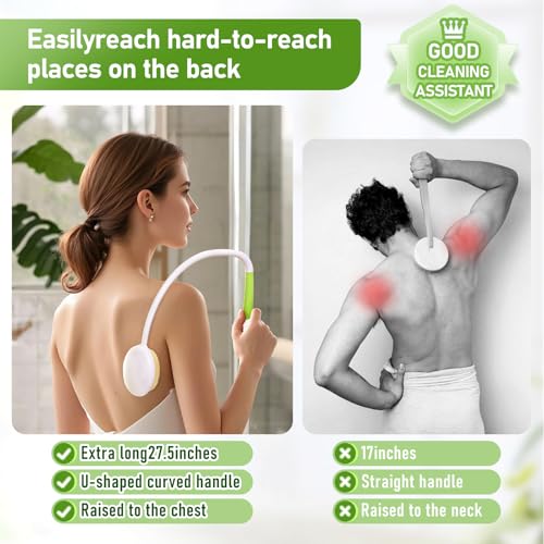 Fanwer 27.5¡± Back Bath Brush Long Handle for Shower and Silicone Body Scrubber, Shower Back Scrubber with Curved Handle for Elderly, Disabled, Limited Mobility, Post-Surgery, Frozen Shoulder
