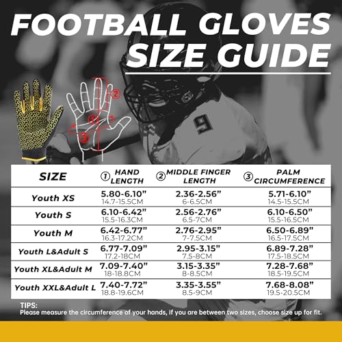 HANDLANDY Youth Football Gloves, Sticky Wide Receiver Gloves for Kids & Adult, White and Gold Stretch Fit Football Gloves (Black and Gold, XX-Large)