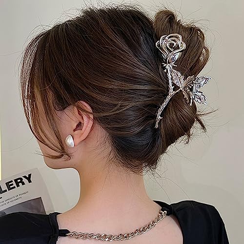 YKZFUI Rose Hair Claw Clips, 2Pcs Large Non-Slip Strong Metal Rose Flower Hair Clips for Women Thick or Thin Hair Decor