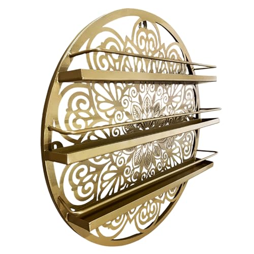 Mandala Shape Shelves, Essential Oil & Nail Polish Organizer - Display Holder Storage Shelf Spice Rack - Black or Gold - Wall Mounted Round Oil Bottle Storage, Cosmetics Display Rack (Gold)