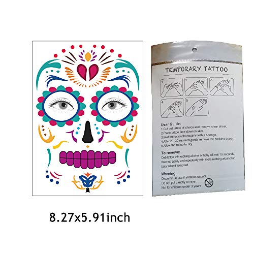 Day of the Dead Temporary Tattoos - 10 Pack Sugar Skull Face Stickers
