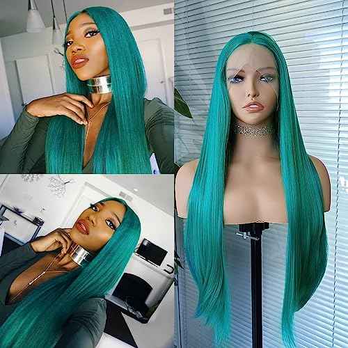 RONGDUOYI Teal Green Synthetic Lace Front Wigs 24inches Emerald Green Long Silky Straight Lace Front 13x4 Synthetic Wig with Natural Hairline Heat Fiber Hair Christmas Cosplay Wigs for Women