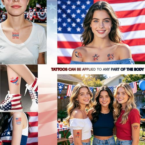 4th of July Temporary Tattoos - 96 Waterproof Patriotic Designs
