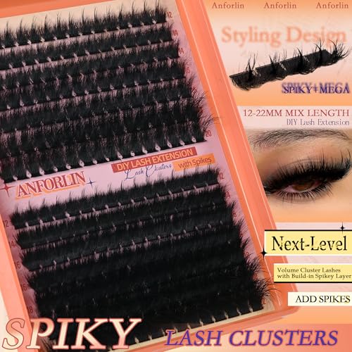 Thick Lash Clusters With Spikes 180D+280D Volume Eyelash Clusters 12-22MM Long Manga Lash Extension Spiky Cluster Eyelash Extensions 224Pcs Manga Individual Lashes DIY at Home by Anforlin
