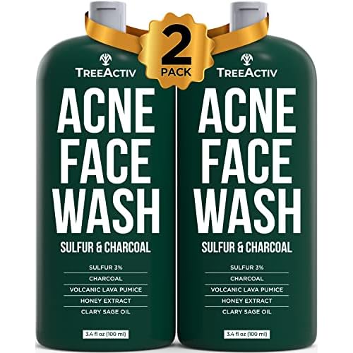 TreeActiv Charcoal Face Wash, 3.4oz, Daily Face Wash with Sulfur and Honey, Charcoal Face Cleanser for Women and Men, 400+ Uses, 2-Pack