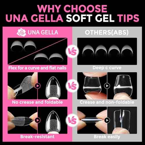 UNA GELLA Short Almond Fake Nails 216pcs Pre-shape Gel Acrylic Nail Tips for Full Cover Nail Extension Home DIY Nail Salon 12 Sizes Gelly Tips