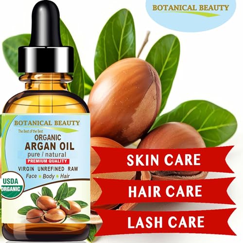 Botanical Beauty Organic ARGAN OIL 100% Pure Natural VIRGIN UNREFINED Cold-Pressed Carrier Oil for Face, Skin, Body, Hair, Lip, Nails. Rich in Vitamin E (1 Fl Oz)