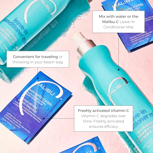 Malibu C Swim Spritz Crystals - Freshly Activated Vitamin C Hair and Skin Spray for Post-Swim Chlorine Removal - 100% Vegan and Cruelty-Free (12 Packets)