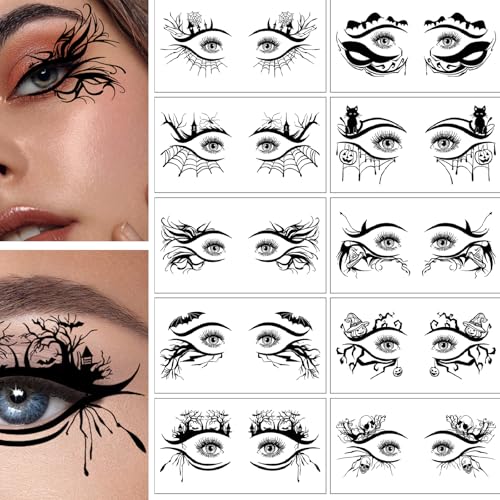 Halloween Eye Shadow Stickers 10 Pairs, Spider Bat Pumpkin 3D Tattoos