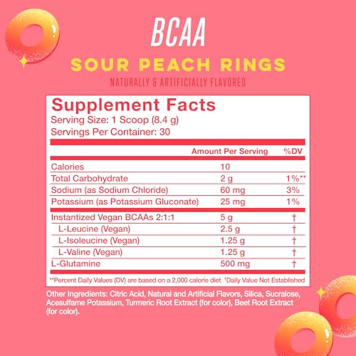 Alani Nu BCAA Sour Peach Ring | Branch Chain Essential Amino Acids | 2:1:1 Formula | Supplement Powder | Muscle Recovery Vitamins for Post-Workout | 30 Servings
