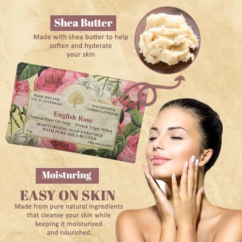 Wavertree & London English Rose Scented Natural Soap (2 Bars), 7oz Moisturizing French Triple Milled Soap Bars enriched with shea butter - Pure Plant Oil Bath & Body Soap for All Skin Types