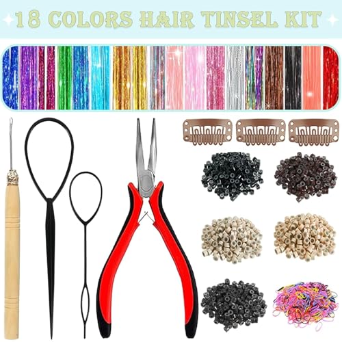 Hair Tinsel Kit 18 Colors 7600 Strands with Tools