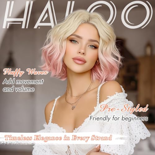 Pink Bob Wig with Lace Front - Short Wavy Synthetic Hair