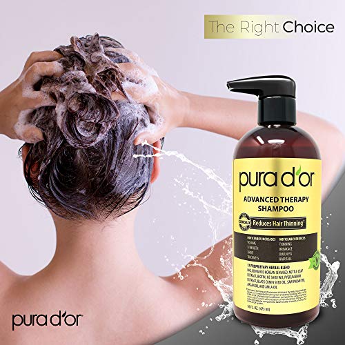 PURA D'OR Advanced Therapy Shampoo (16oz) Reduces Hair Thinning & Increases Volume, No Sulfate, Biotin Shampoo Infused with Argan Oil, Aloe Vera for All Hair Types, Men & Women (Packaging May Vary)