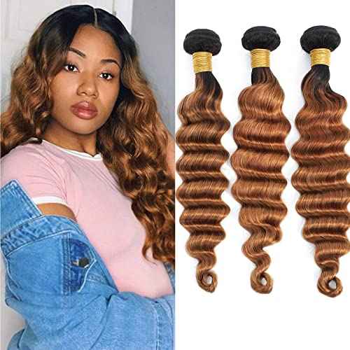 Ombre Loose Deep Wave Bundles Human Hair 1B/30 Unprocessed Brazilian Virgin Human Hair 3 Bundles Two-tone Dark Root Loose Wavy Curly Bundles For Women (T1B/30,12 14 16)